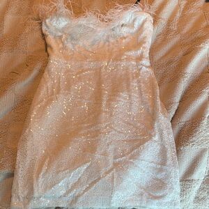 Lulu's Cream Sequin Dress with Feather Detail